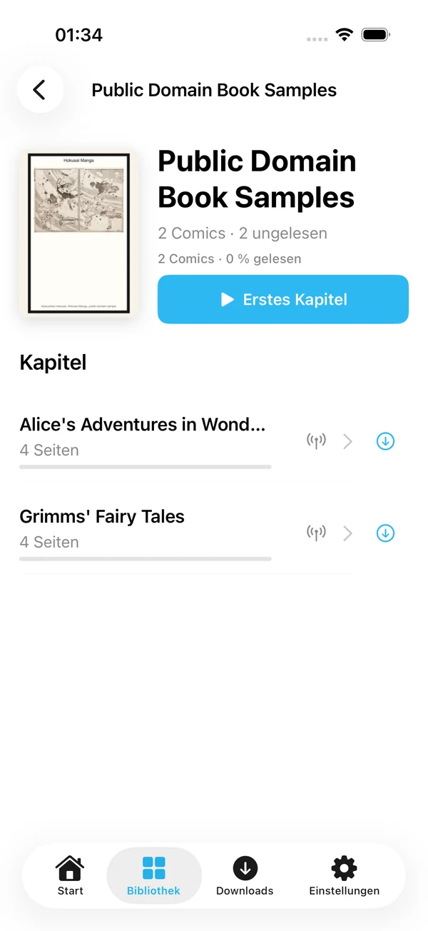 Euria Detailansicht einer Sammlung mit Kapiteln und Download-Schaltflächen