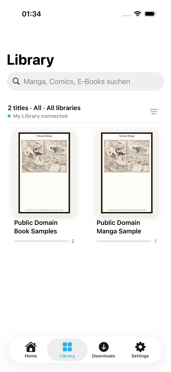 Euria library with manga and ebook collections from a connected personal source