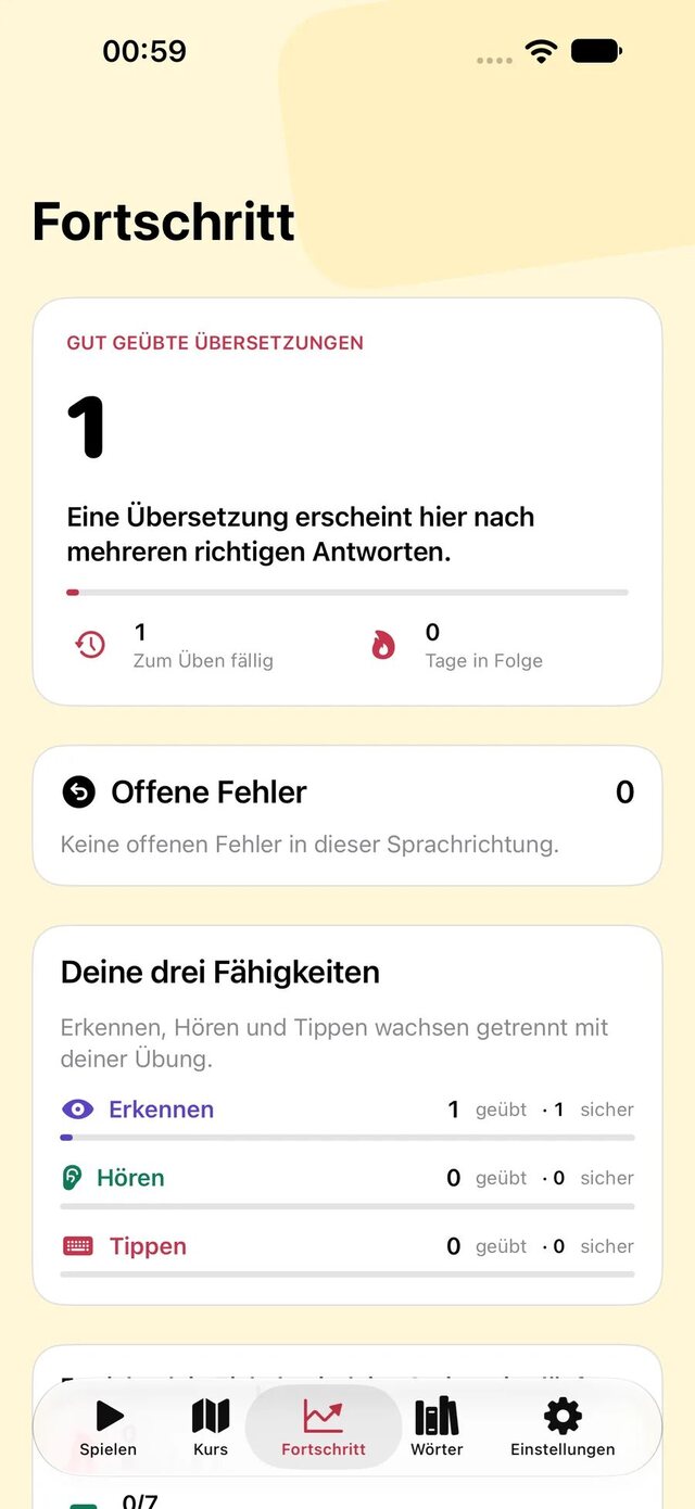 Leavo Fortschritt mit gut geübten Übersetzungen, offenen Fehlern und drei Fähigkeiten