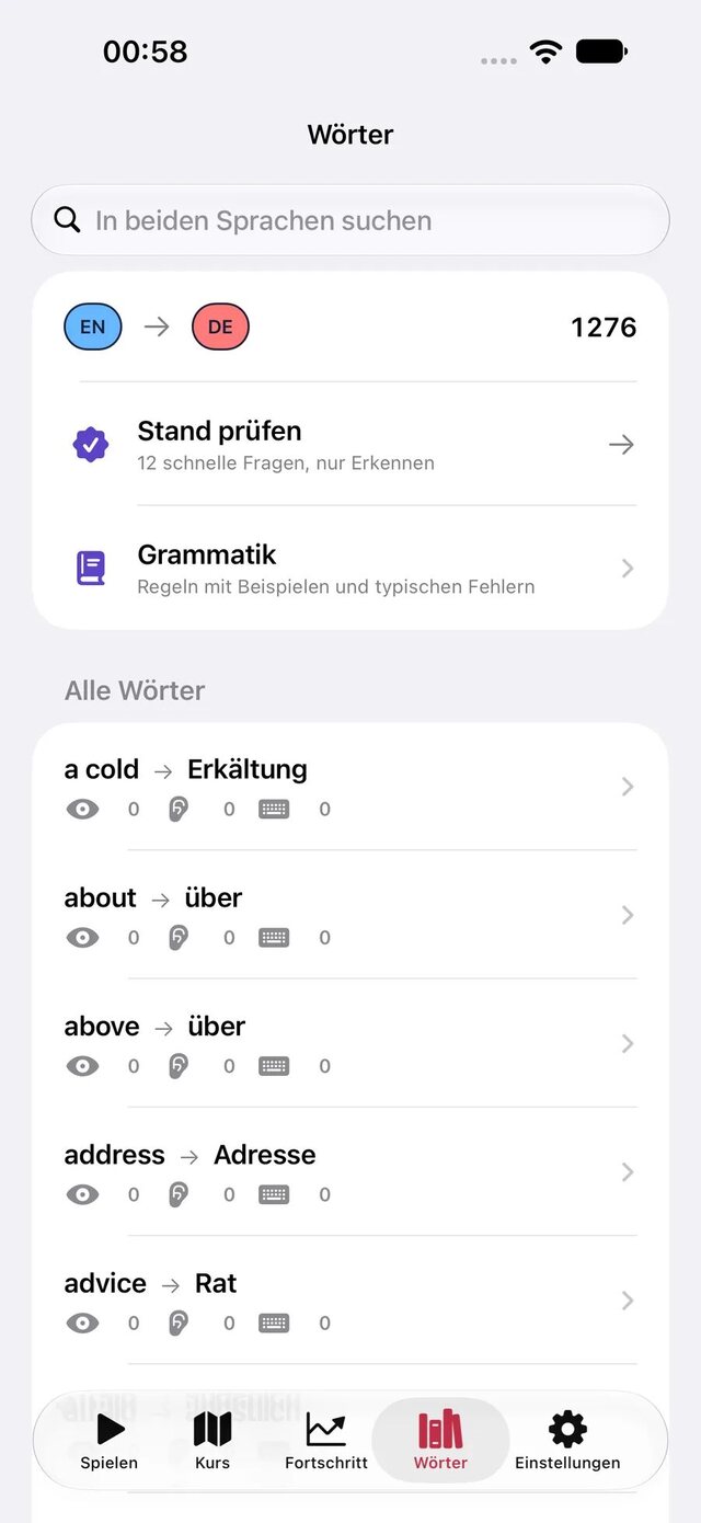 Leavo Wortliste mit Suche in beiden Sprachen, Einstufung und Grammatik