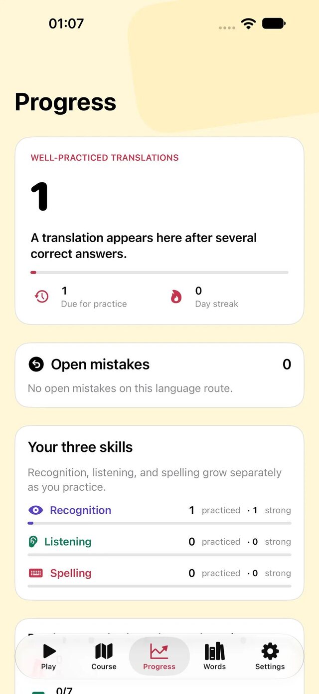 Progressi di Leavo con traduzioni ben esercitate, errori aperti e tre abilità