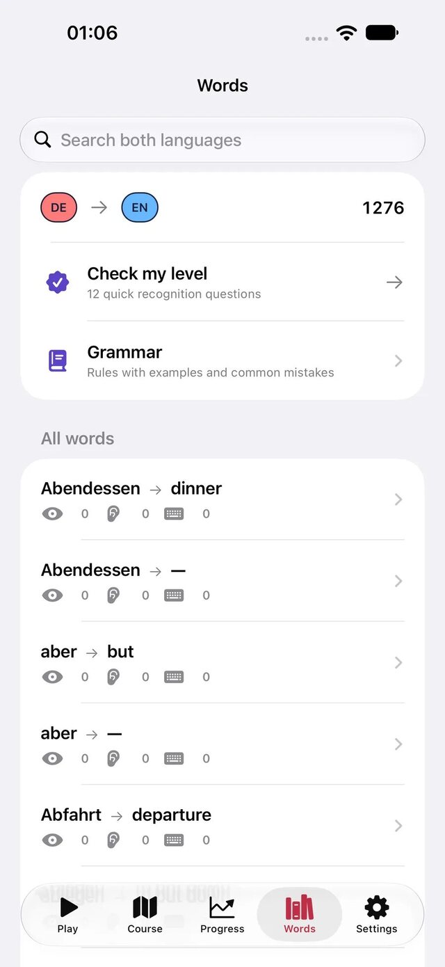 Leavo word list with search in both languages, level check, and grammar