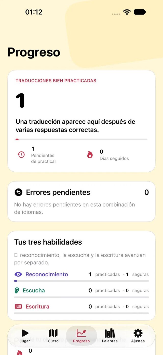 Progreso de Leavo con traducciones bien practicadas, errores pendientes y tres habilidades