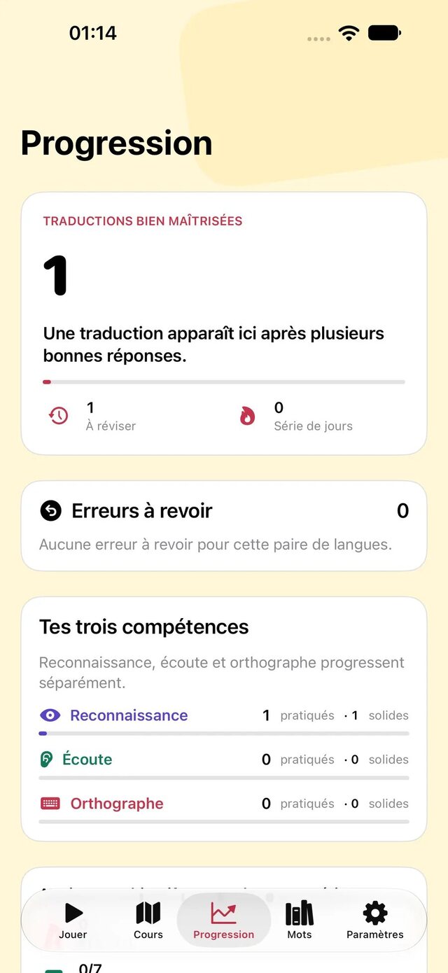 Progression Leavo avec traductions maîtrisées, erreurs à revoir et trois compétences