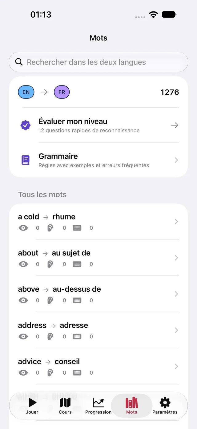 Liste de mots Leavo avec recherche dans les deux langues, évaluation et grammaire