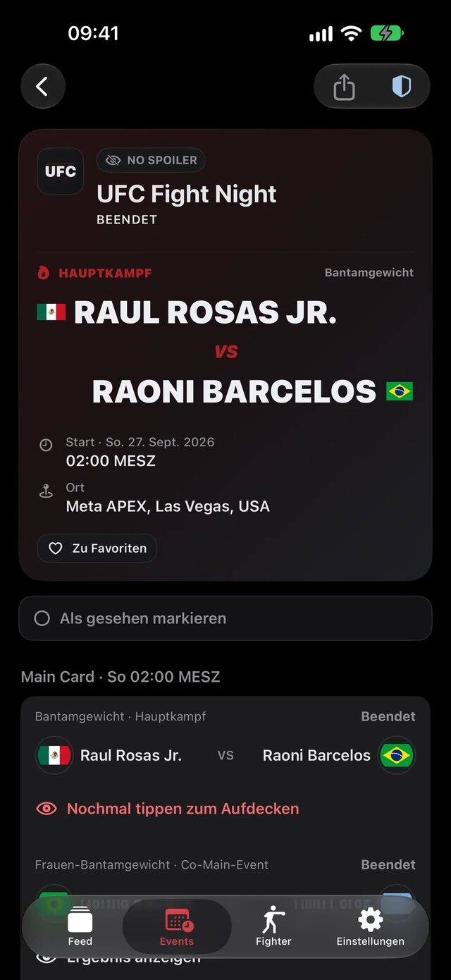 No Spoiler MMA Fightcard eines beendeten Events, Ergebnisse bleiben verborgen