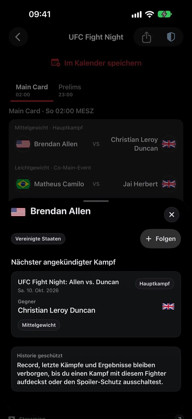No Spoiler MMA Fighter-Profil mit geschützter Kampfhistorie