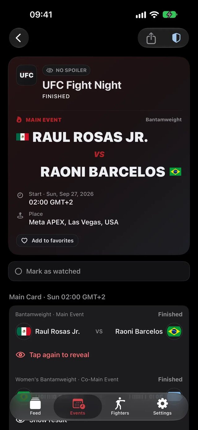 No Spoiler MMA fight card of a finished event with results still hidden
