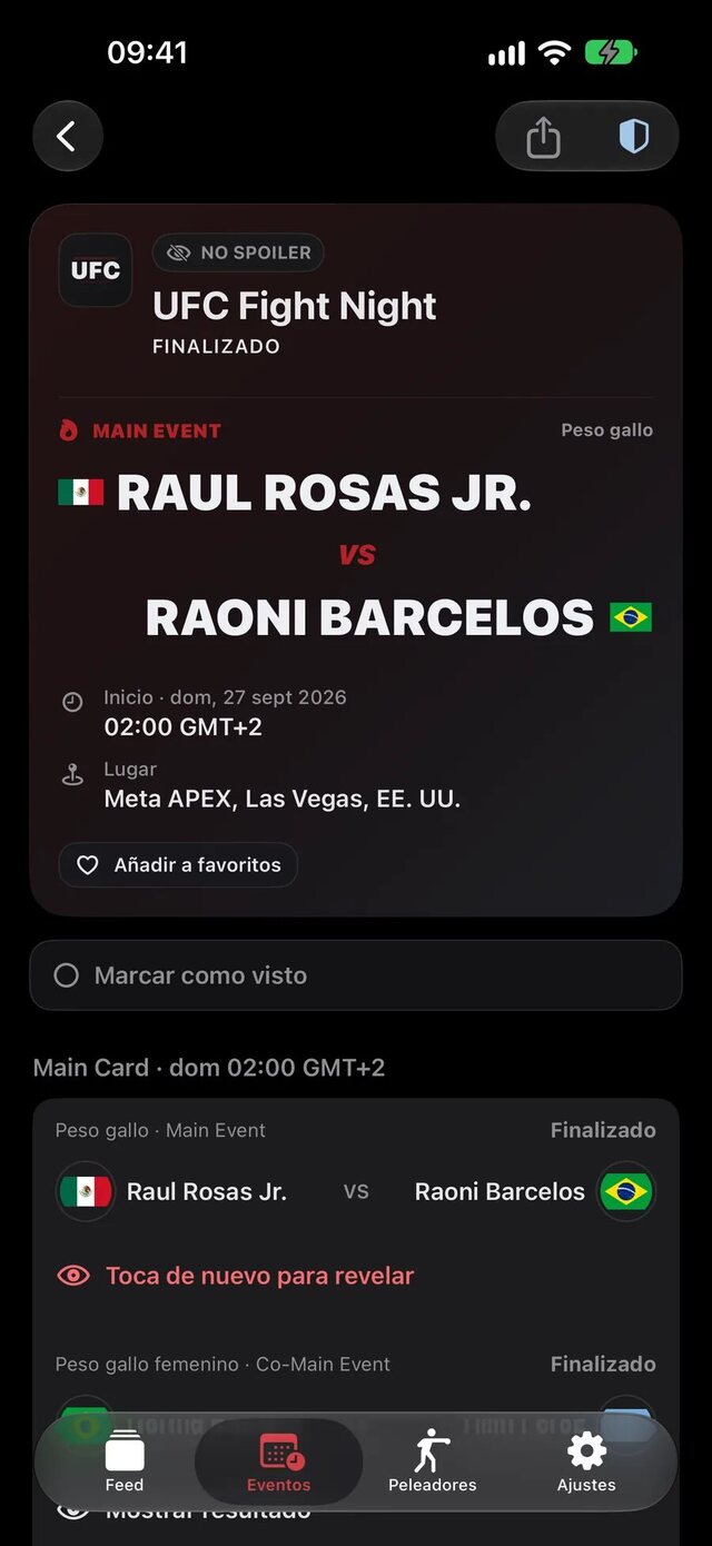 Cartelera de No Spoiler MMA de un evento terminado con los resultados aún ocultos