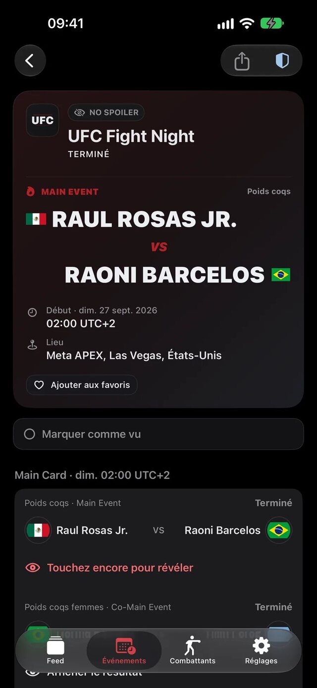 Carte de combats No Spoiler MMA d’un événement terminé, résultats toujours masqués