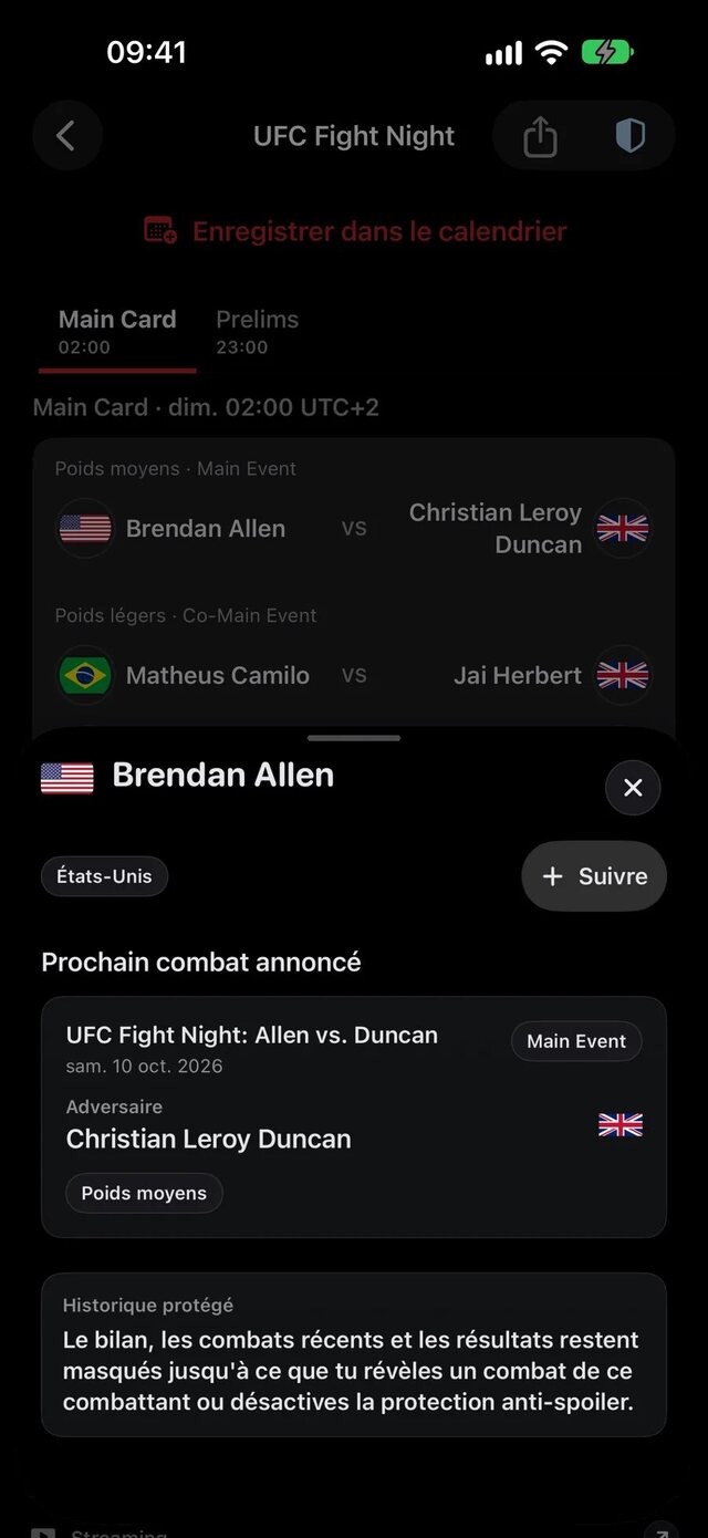 Profil de combattant No Spoiler MMA avec historique protégé