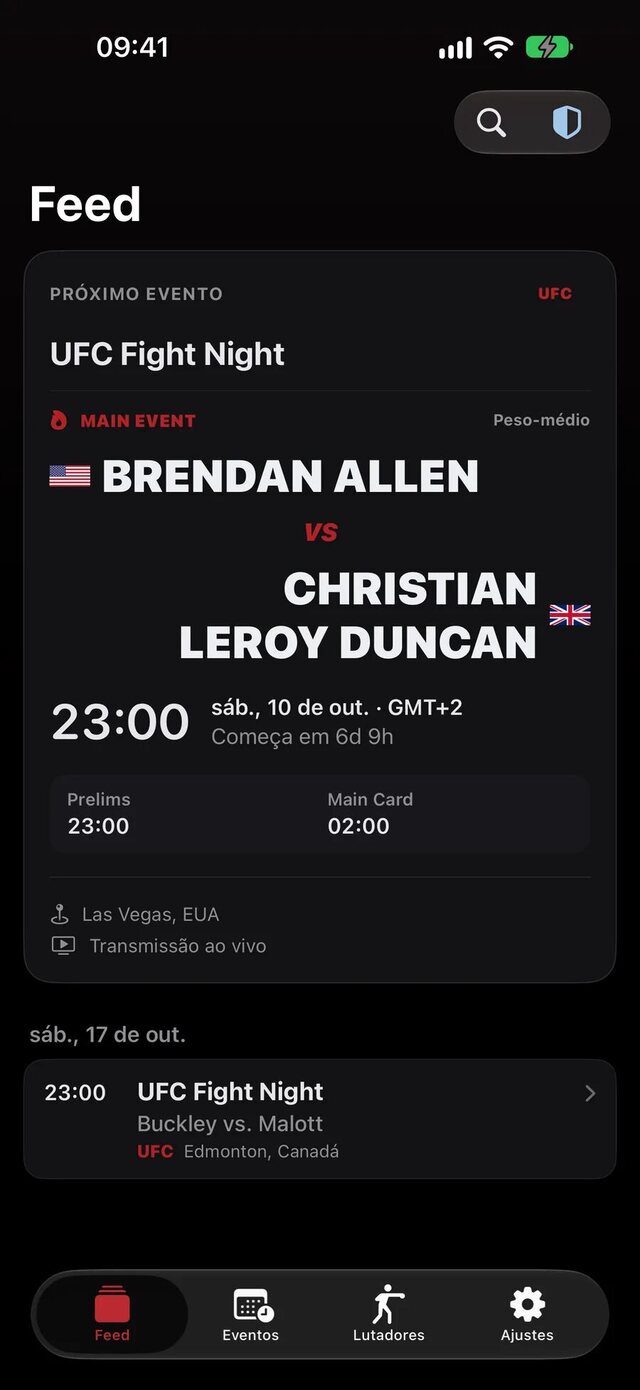 Feed do No Spoiler MMA com o próximo evento, a luta principal e o horário no seu fuso