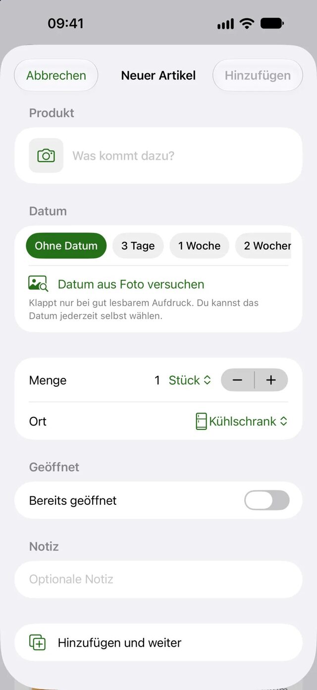 Wastee Eingabe eines neuen Artikels mit Datum, Menge, Lagerort und geöffnet-Schalter