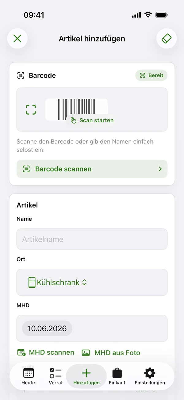 Wastee Eingabeseite zum manuellen Hinzufügen oder Scannen eines Lebensmittels