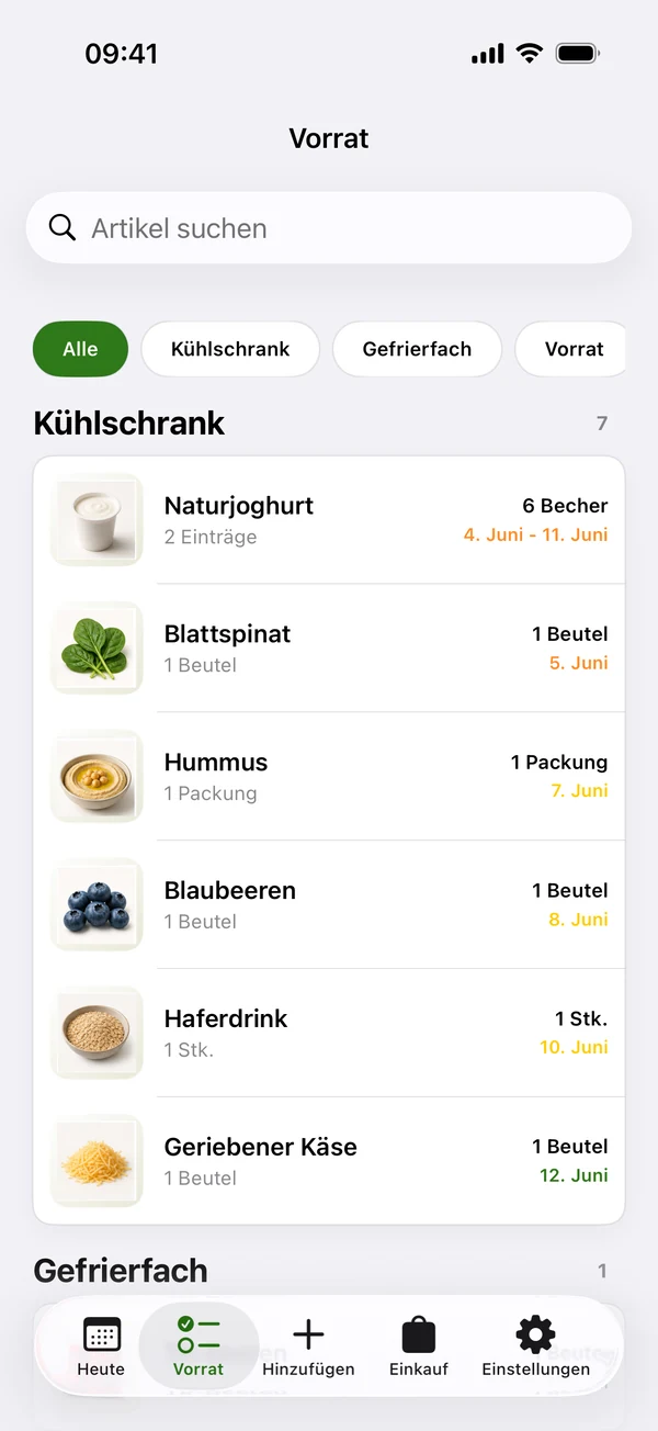 Wastee Vorratsübersicht mit Lebensmitteln nach Kühlschrank, Gefrierfach und Vorrat sortiert