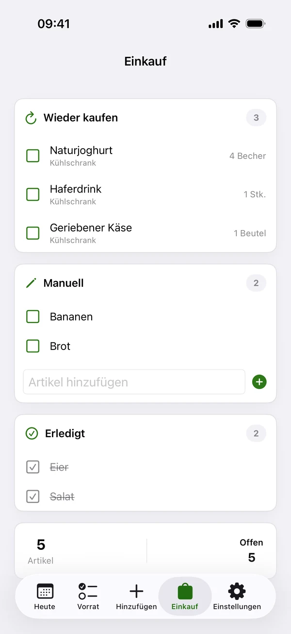 Wastee Einkaufsliste mit offenen, erneut benötigten und erledigten Lebensmitteln