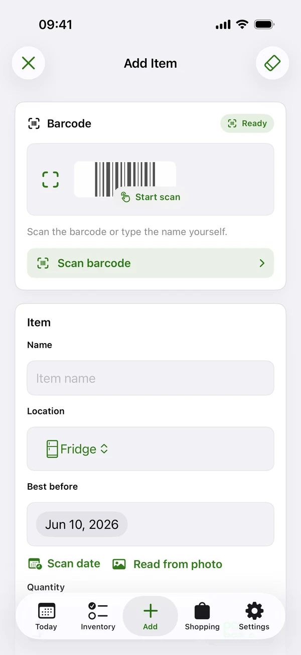 Wastee add screen for manual entry or optional scanning