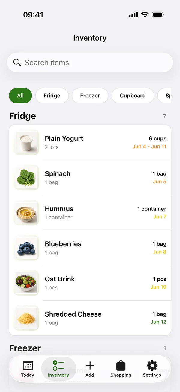Wastee inventory grouped by fridge, freezer, and pantry