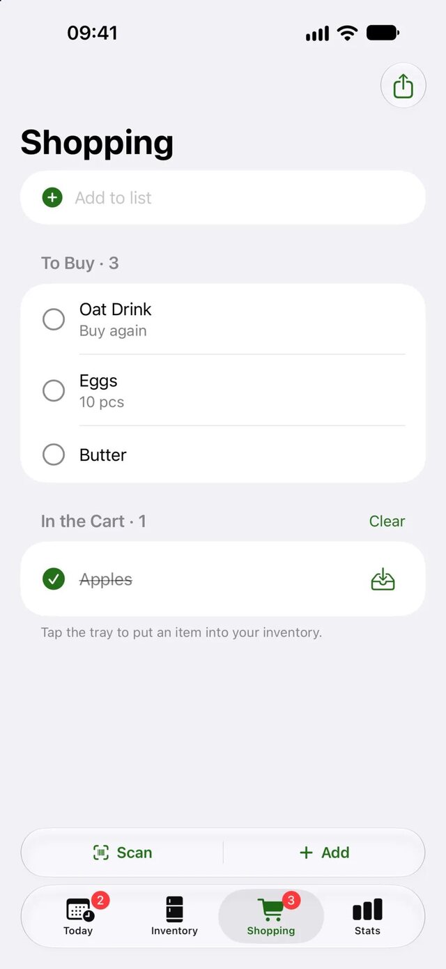 Lista de compras do Wastee com itens pendentes e um item no carrinho