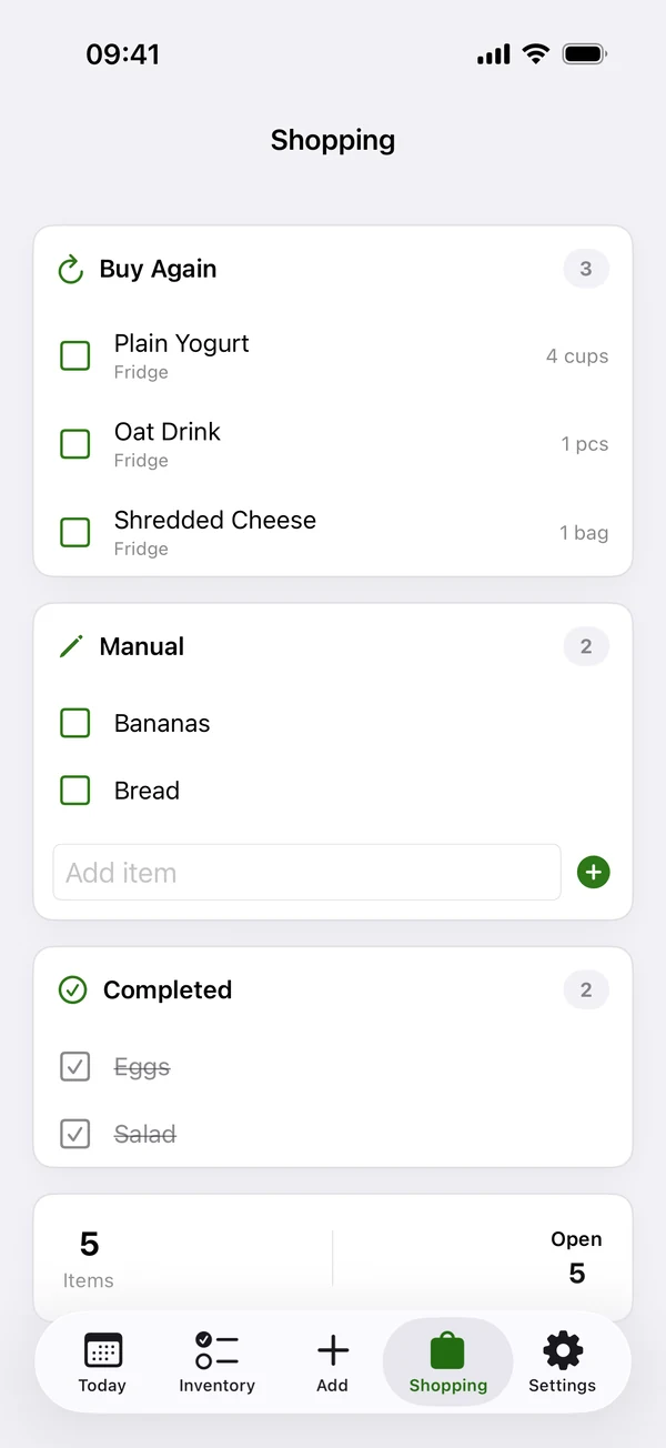 Wastee shopping list with open, repeat, and completed food items