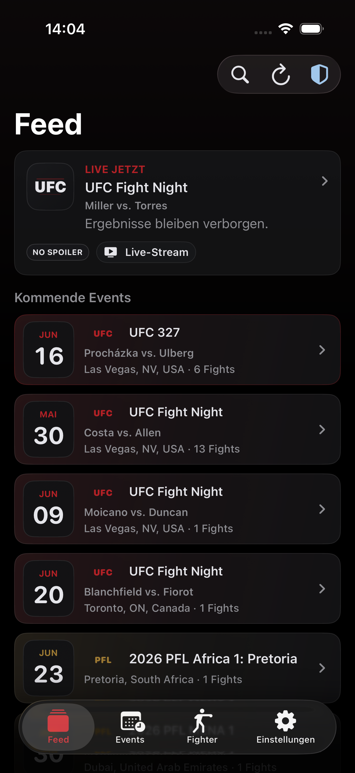 No Spoiler MMA Feed mit Fightcards und weiterhin verborgenen Ergebnissen