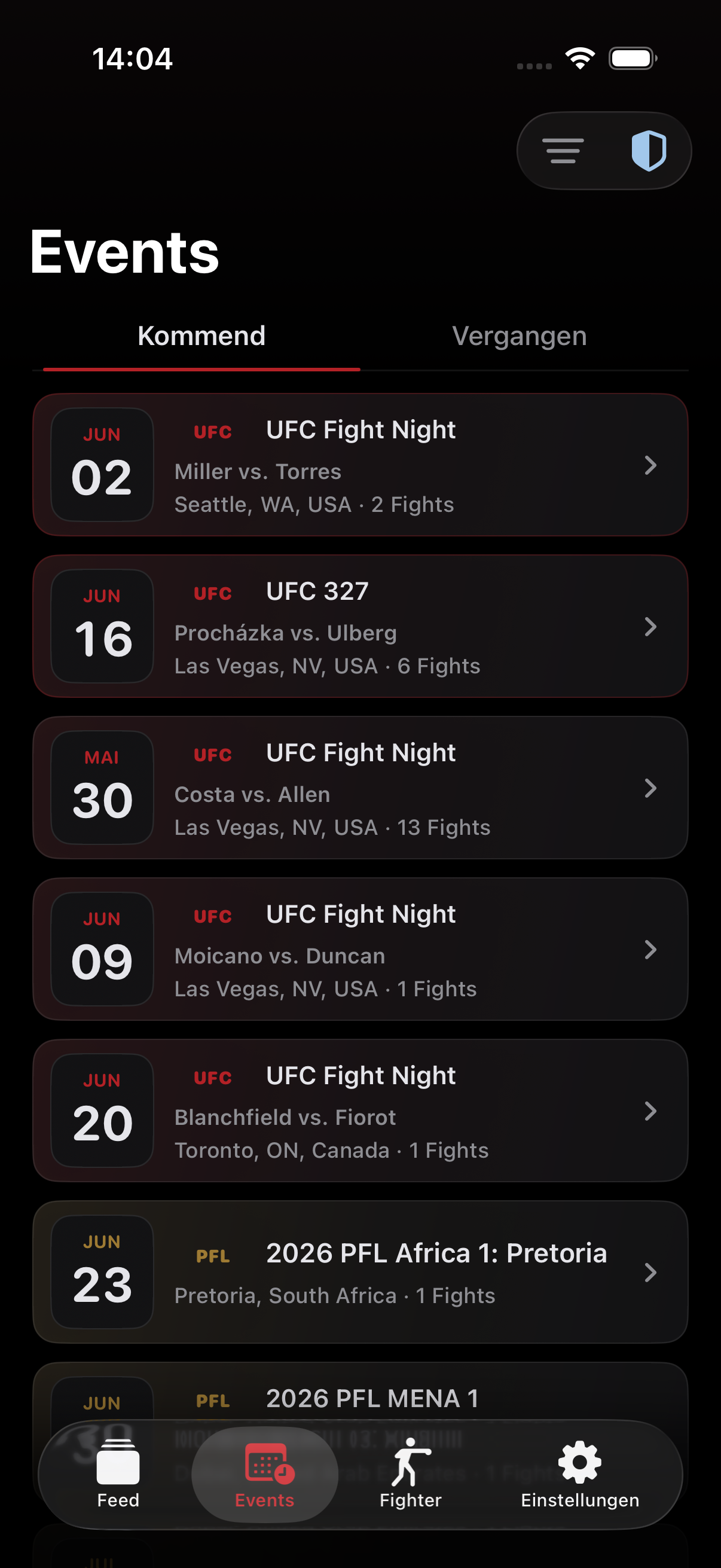 No Spoiler MMA Eventübersicht mit kommenden Fightcards und lokalen Zeiten