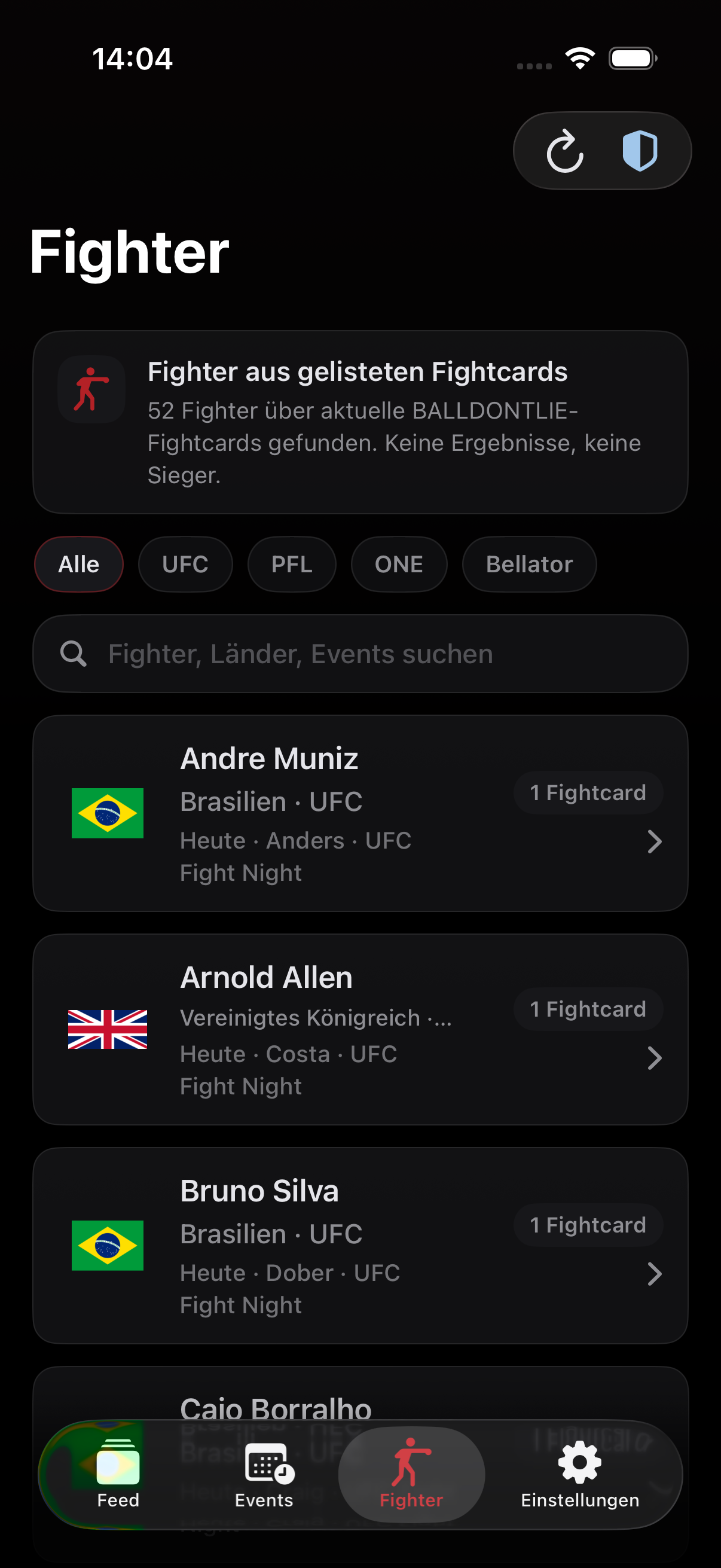 No Spoiler MMA Fighter-Verzeichnis ohne eingeblendete Kampfergebnisse